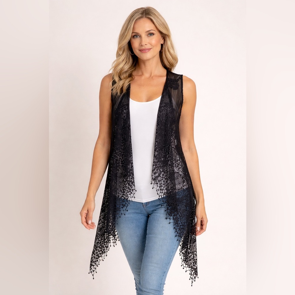 NWT Frank Lyman Black Lace Open Front Vest